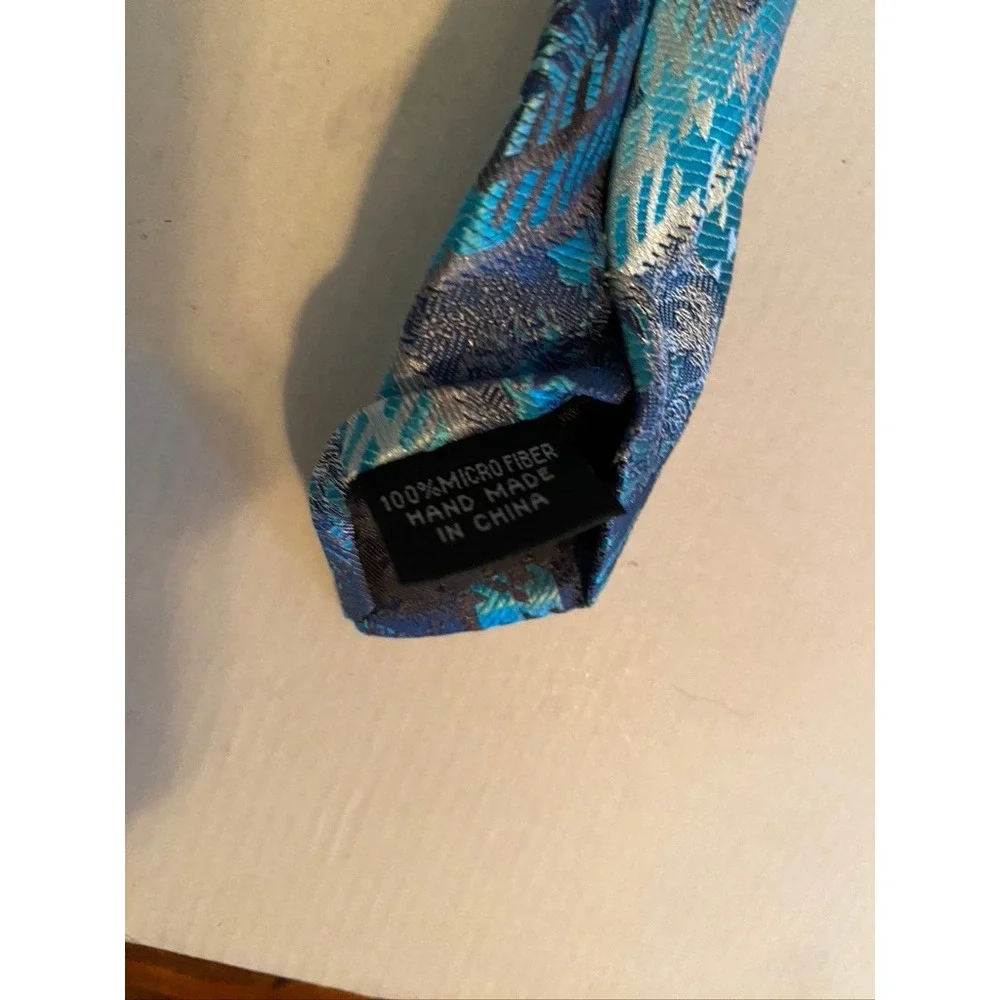 Stacy Adams Men Tie Blue Teal Geometric Plaid Floral Jacquard Silk Blend Necktie
